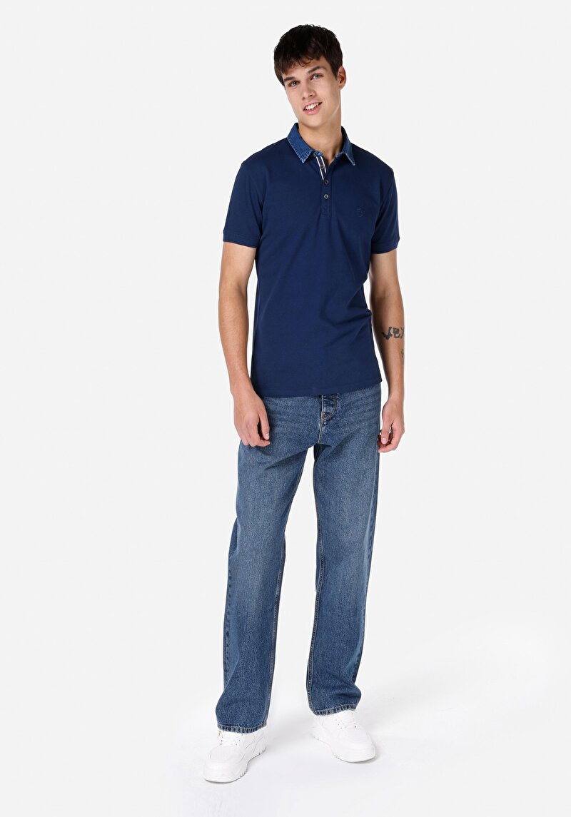 Slim Fit Polo Yaka Düz Erkek Lacivert Kısa Kol Tişört