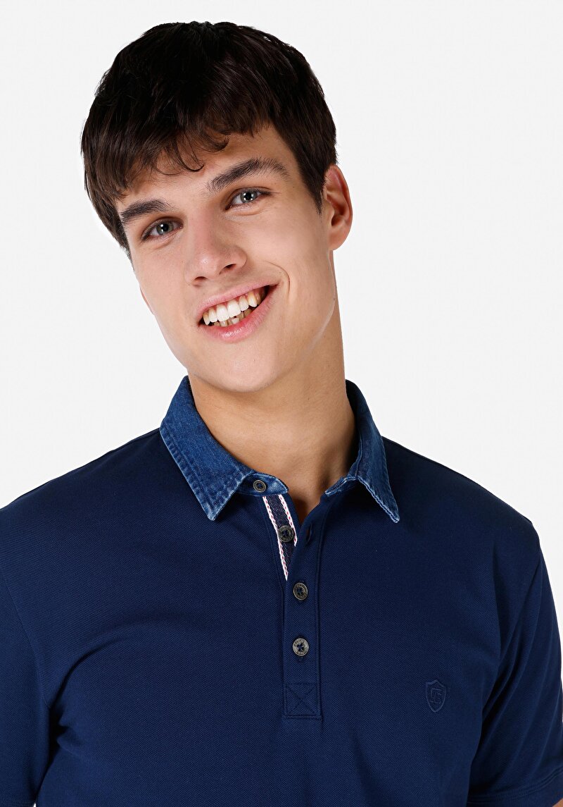 Slim Fit Polo Yaka Düz Erkek Lacivert Kısa Kol Tişört