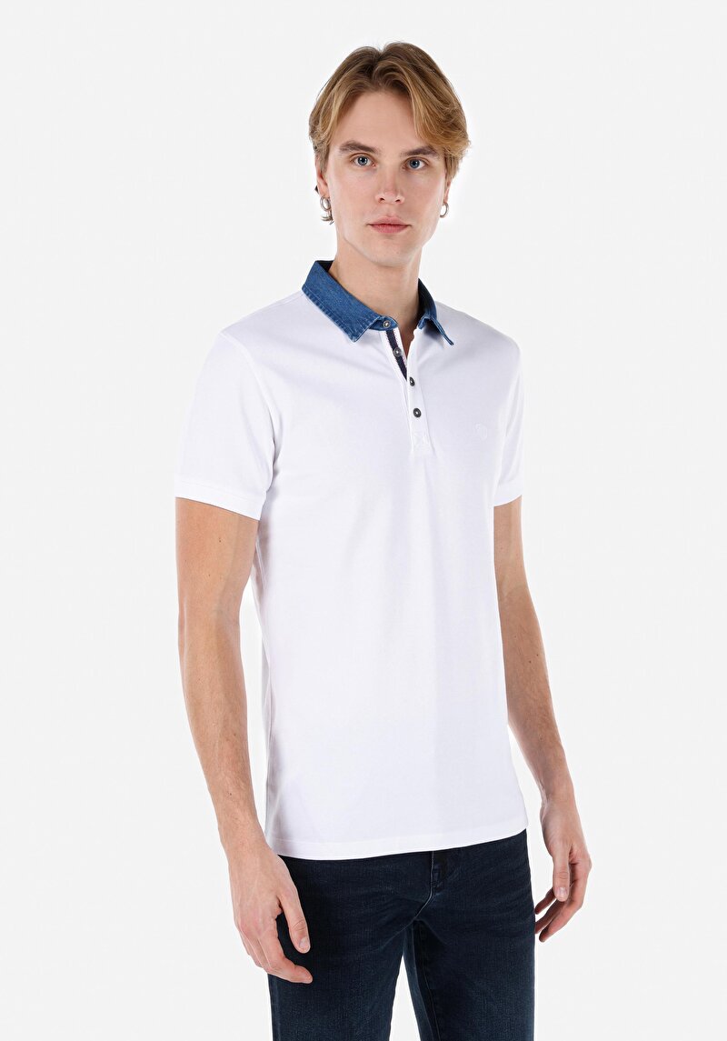 Slim Fit Polo Yaka Cepsiz Düz Erkek Beyaz Kısa Kol Tişört