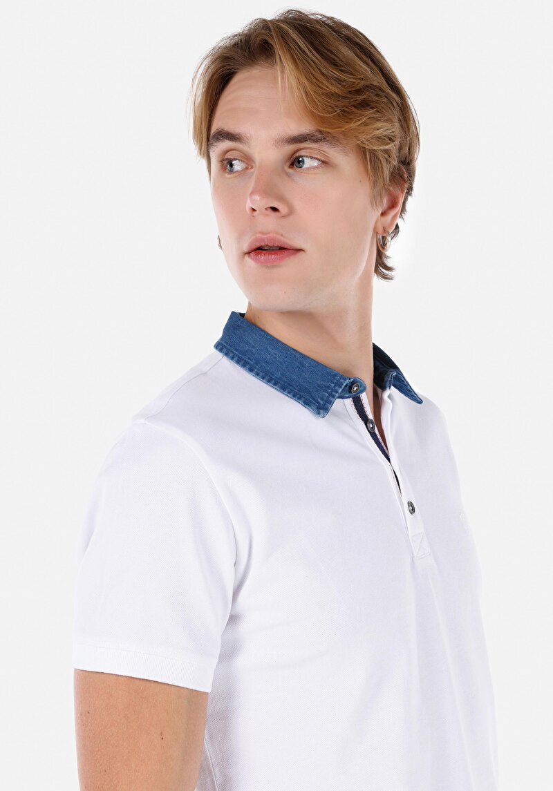 Slim Fit Polo Yaka Cepsiz Düz Erkek Beyaz Kısa Kol Tişört