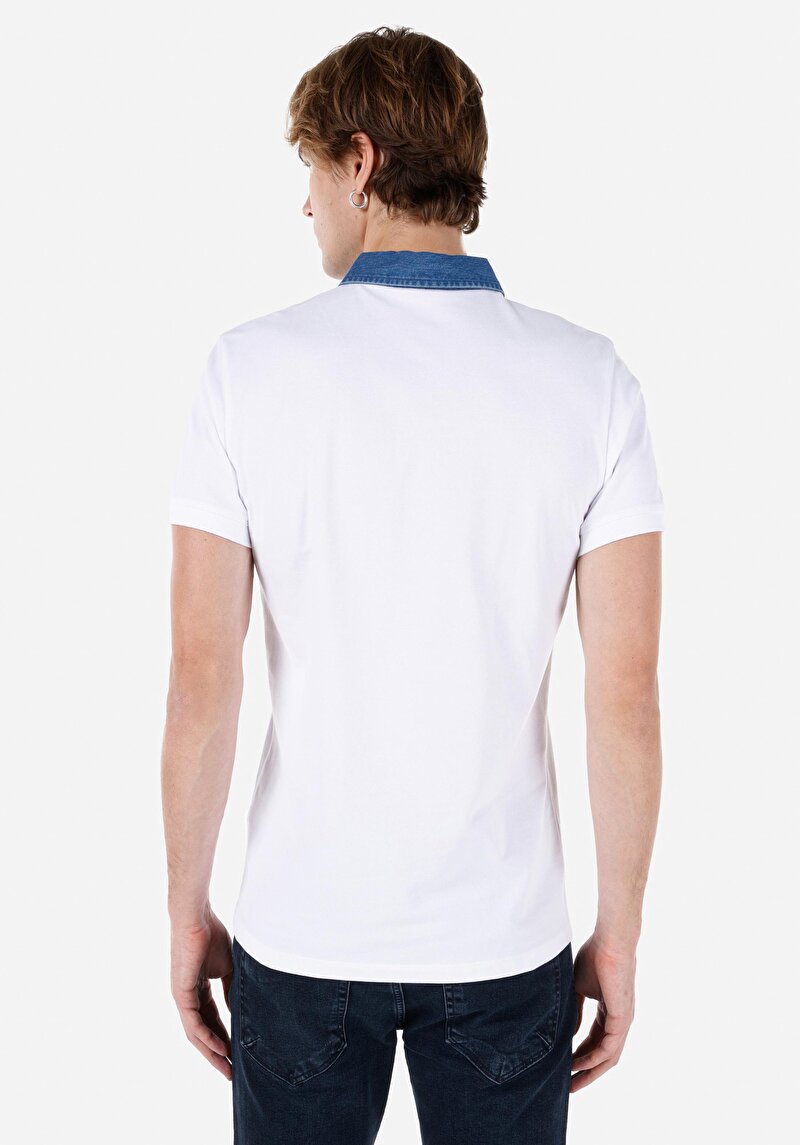 Slim Fit Polo Yaka Örme Cepsiz Düz Erkek Beyaz Kısa Kol Tişört