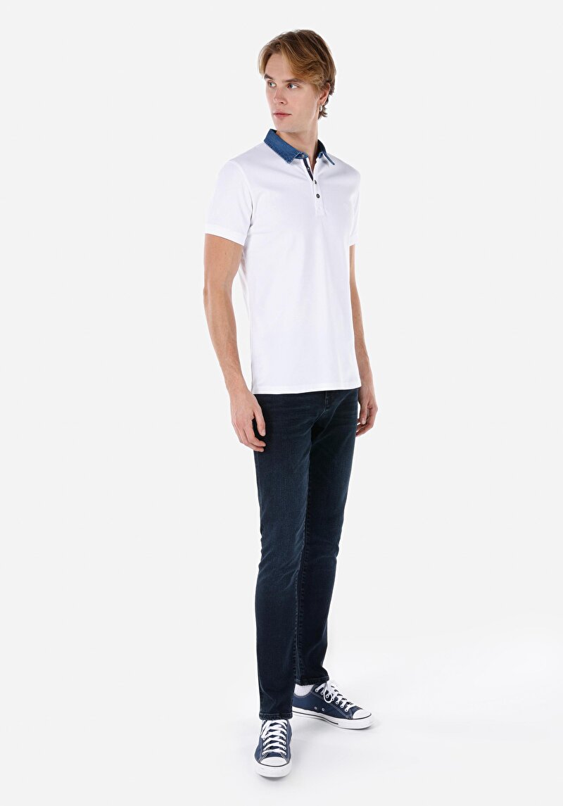 Slim Fit Polo Yaka Örme Cepsiz Düz Erkek Beyaz Kısa Kol Tişört