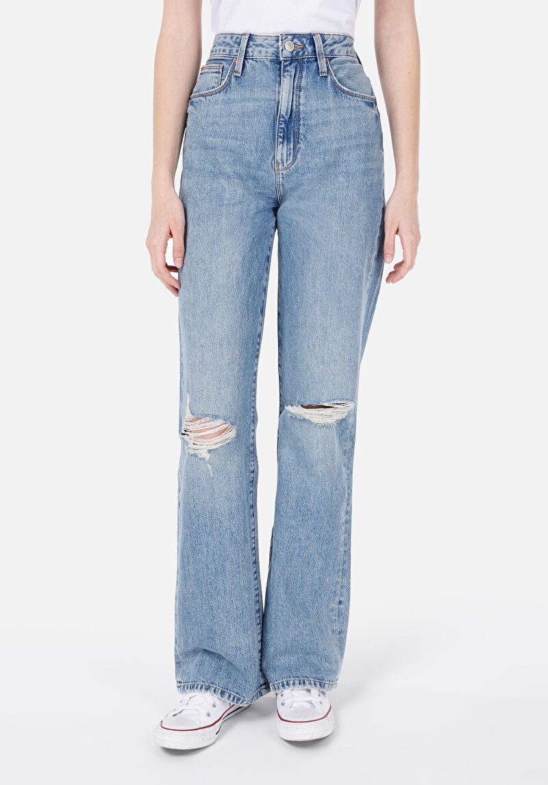 Straight Fit Yüksek Bel Tam Boy Paça Kadın İndigo Jean Pantolon