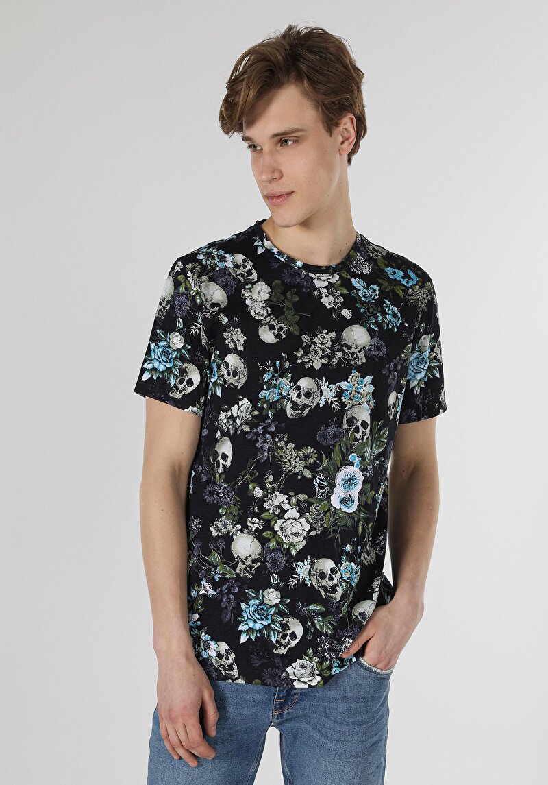 Regular Fit Yuvarlak Yaka Baskılı Erkek Çok Renkli Kısa Kol Tişört