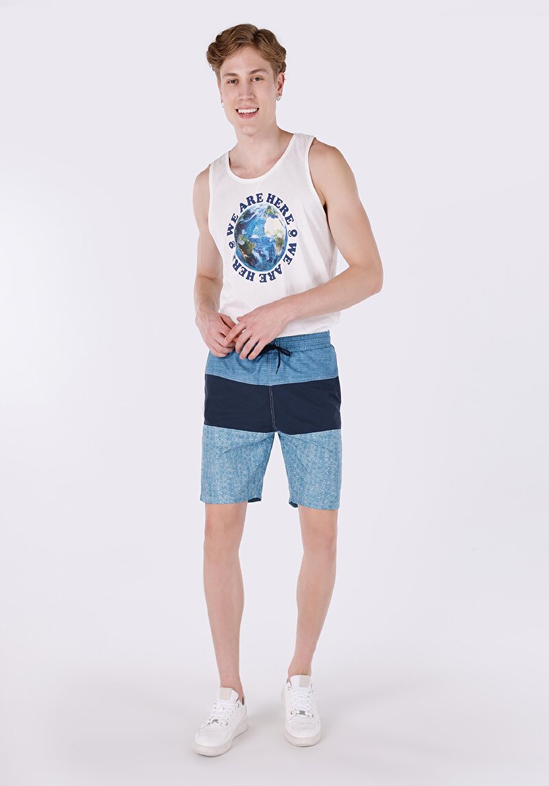 Slim Fit Astarlı Baskılı Erkek Mavi Deniz Şortu