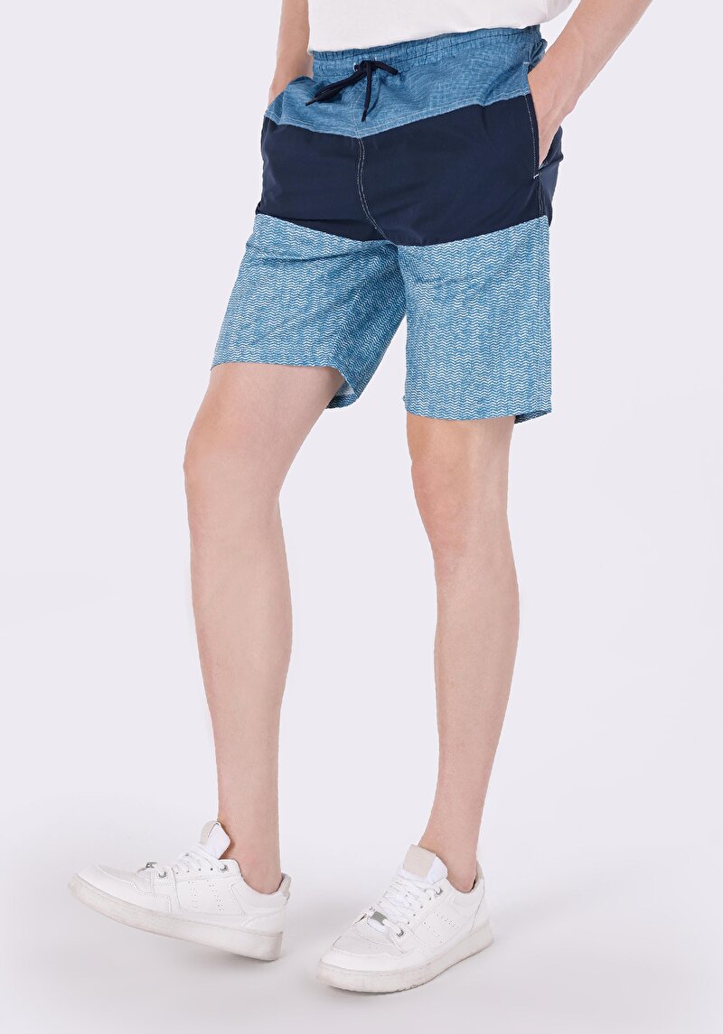 Slim Fit Astarlı Baskılı Erkek Mavi Deniz Şortu