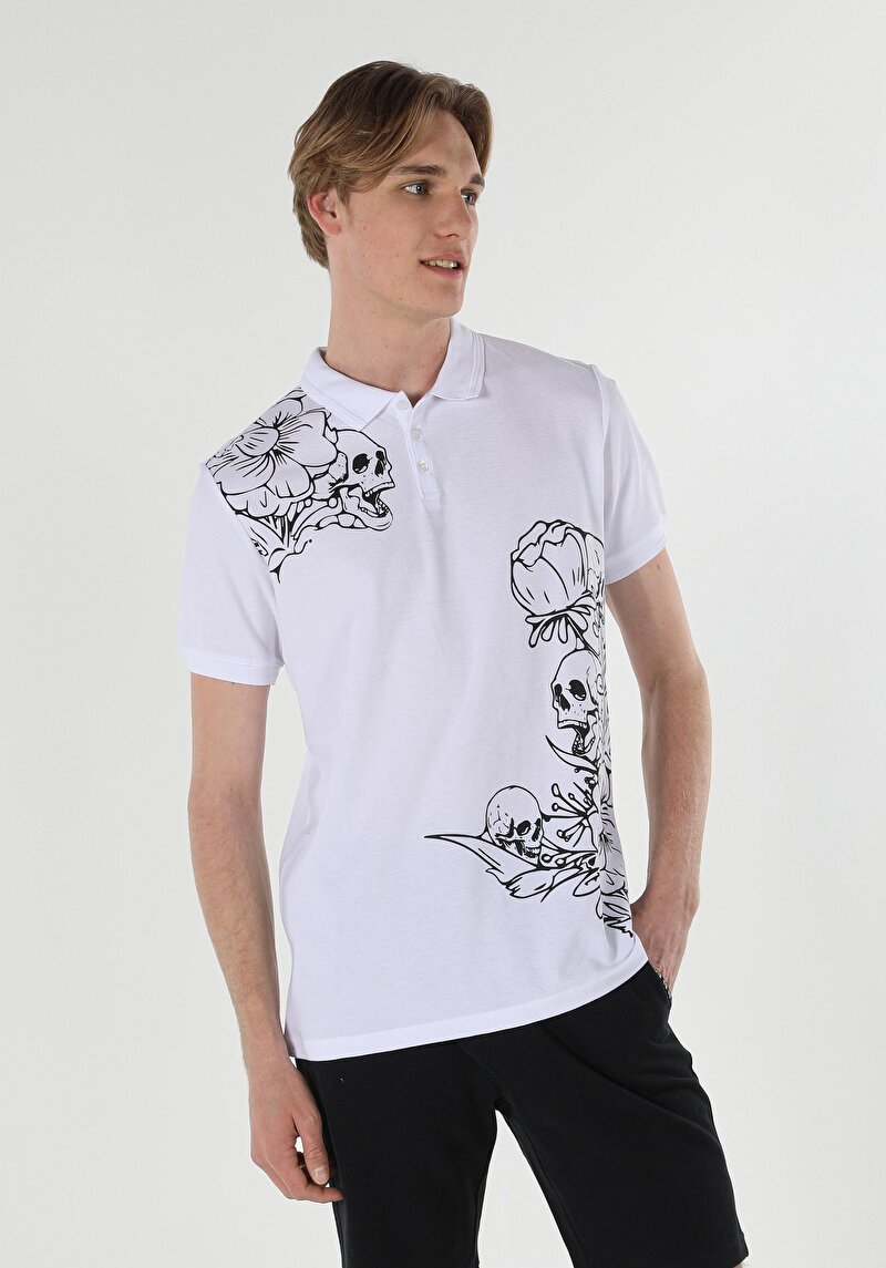 Regular Fit Polo Yaka Düz Erkek Beyaz Kısa Kol Tişört