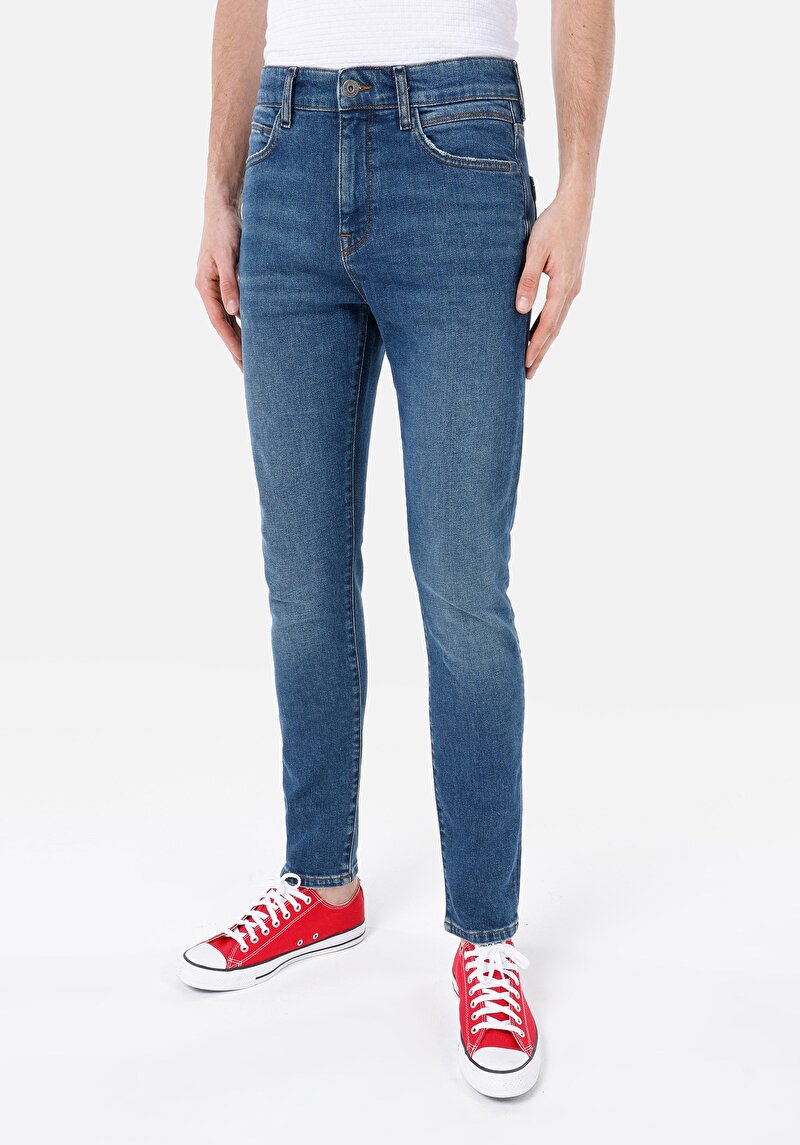 Skinny Fit Yüksel Bel Dar Paça Erkek İndigo Denim Jean Pantolon