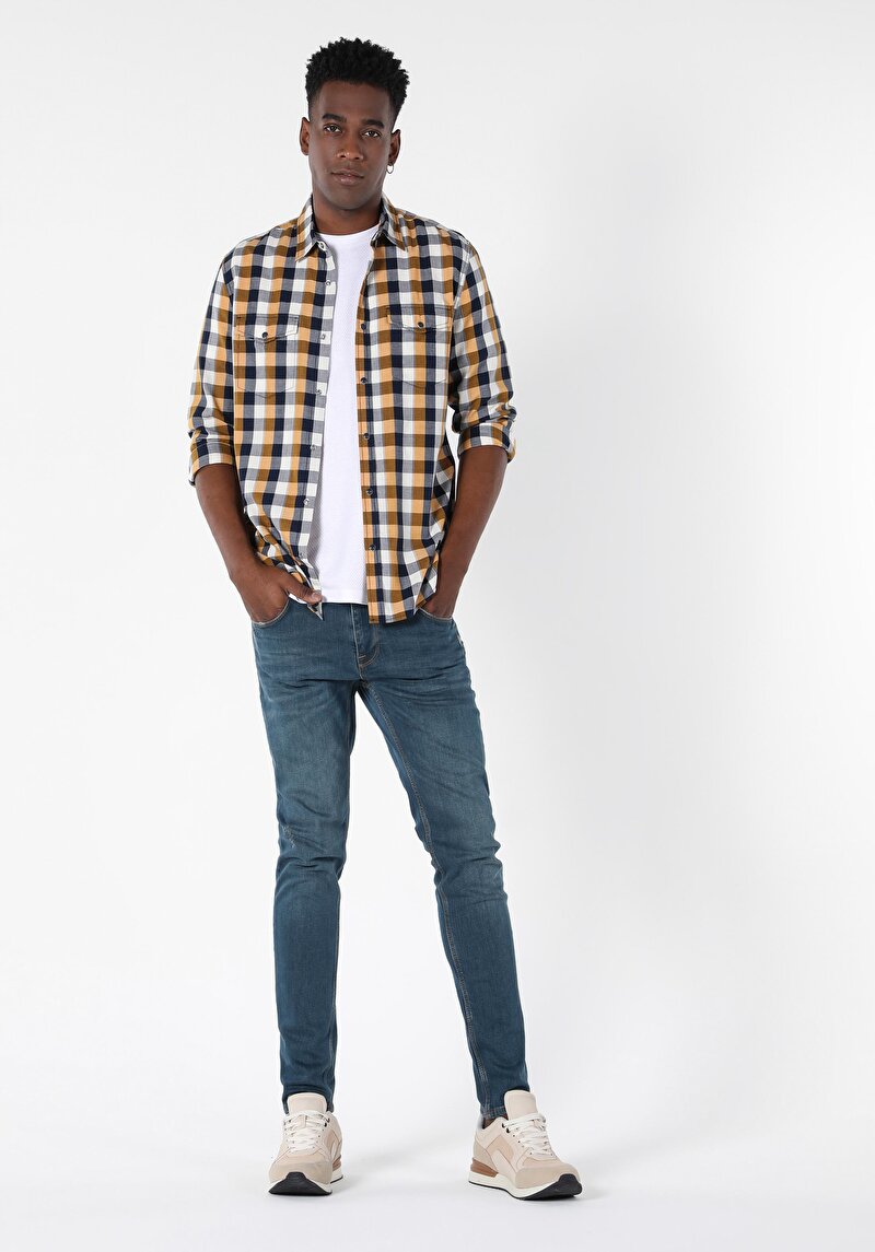Slim Fit Shirt Neck Erkek Sari Uzun Kol Gömlek