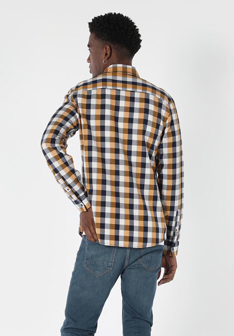 Slim Fit Shirt Neck Erkek Sari Uzun Kol Gömlek