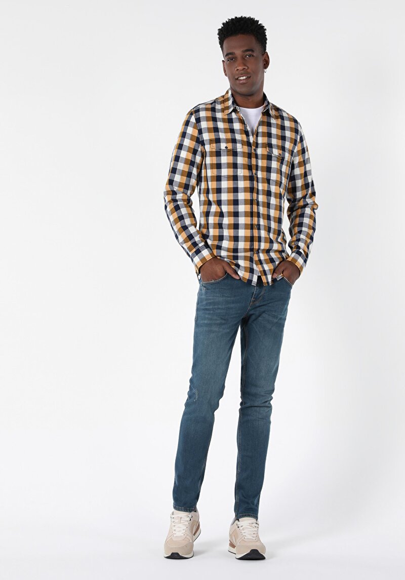 Slim Fit Shirt Neck Erkek Sari Uzun Kol Gömlek