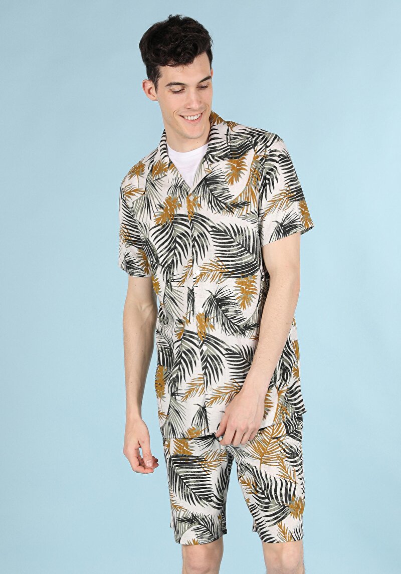 Regular Fit Shirt Neck  Erkek Yeşil Kısa Kol Gömlek Cl1057789