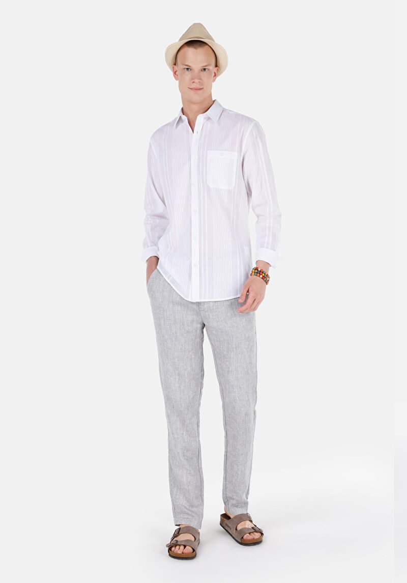 Regular Fit Orta Bel Düz Paça Keten Erkek Gri Pantolon