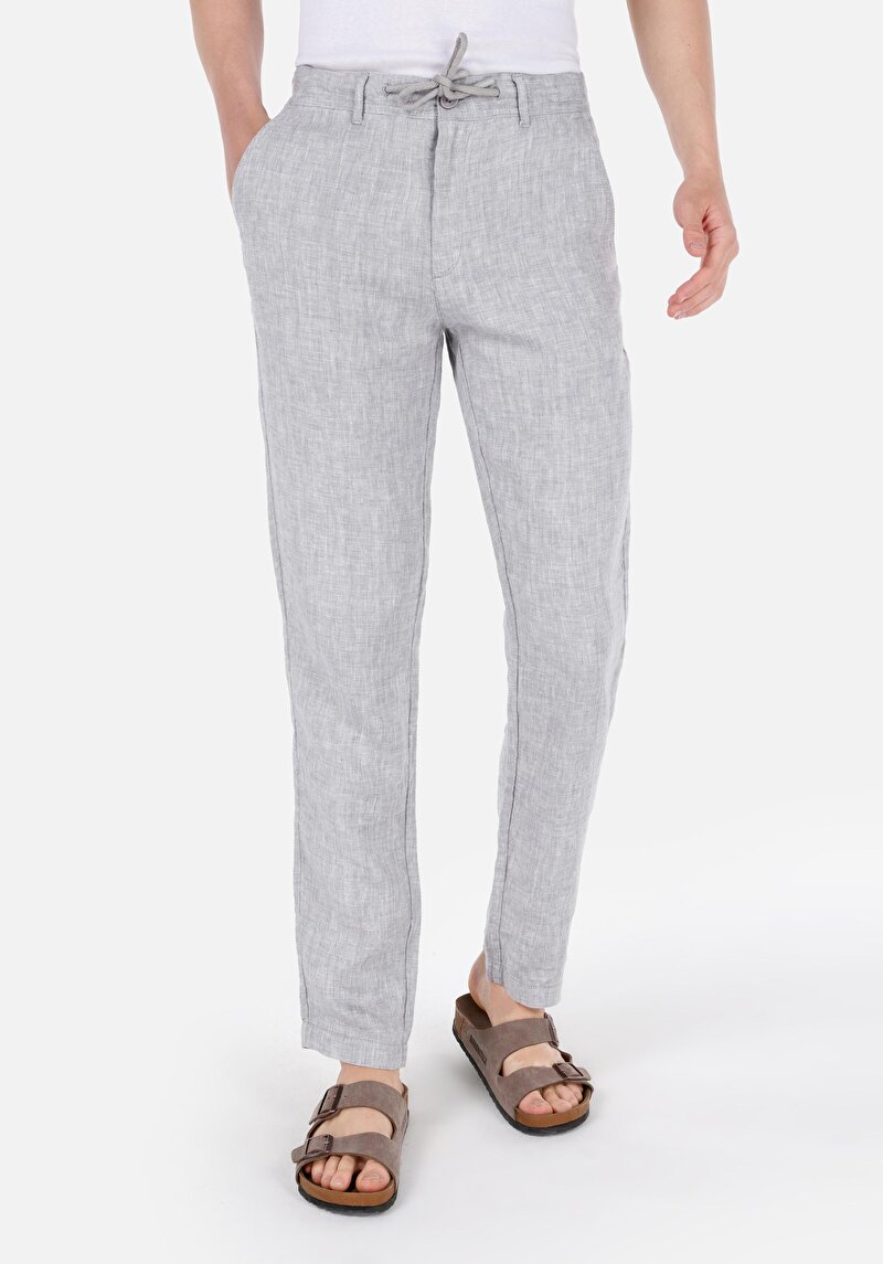 Regular Fit Orta Bel Düz Paça Keten Erkek Gri Pantolon