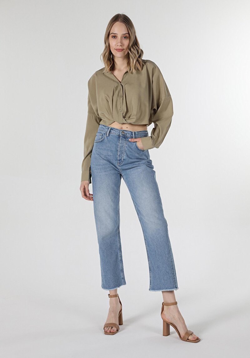 Regular Fit Shirt Neck Kadın Yeşil Uzun Kol Gömlek