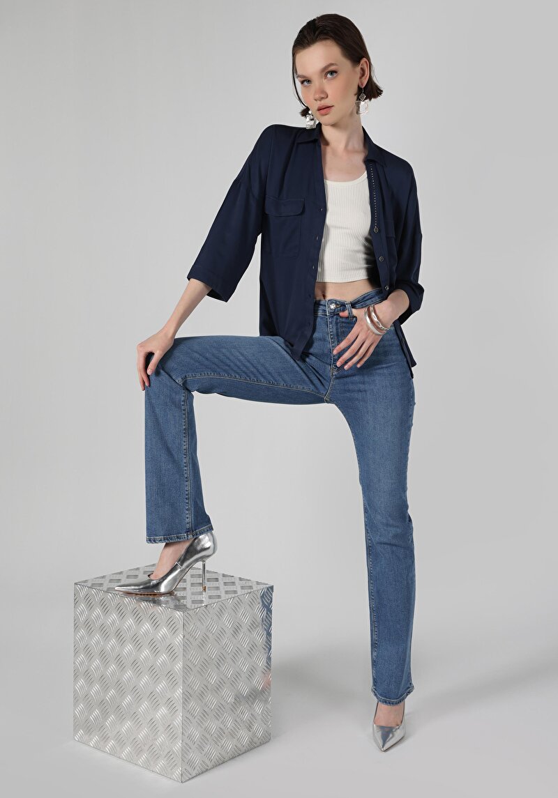 Flare Fit Yüksel Bel Ispanyol Paça Kadın İndigo Jean Pantolon