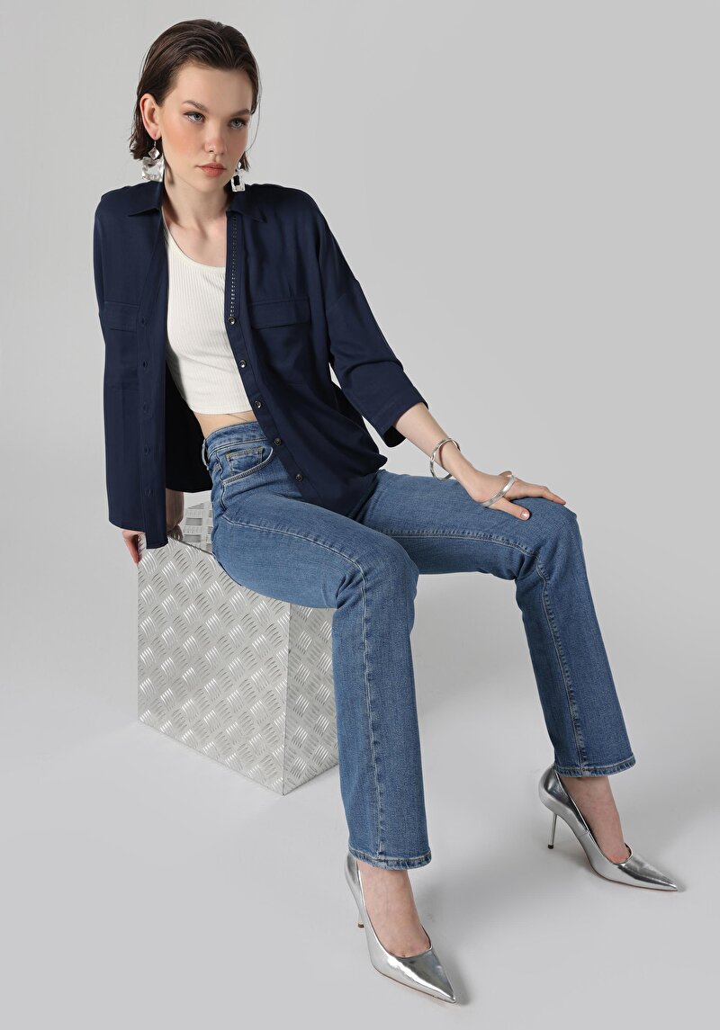 Flare Fit Yüksel Bel Ispanyol Paça Kadın İndigo Jean Pantolon