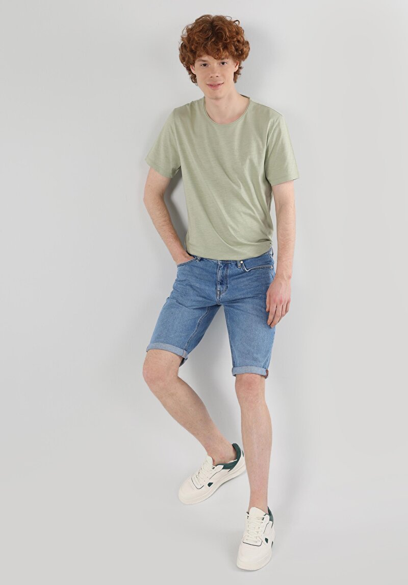 Regular Fit Orta Bel Düz Erkek İndigo Denim Jean Şort