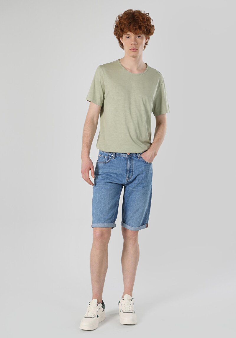 Regular Fit Orta Bel Düz Erkek İndigo Denim Jean Şort