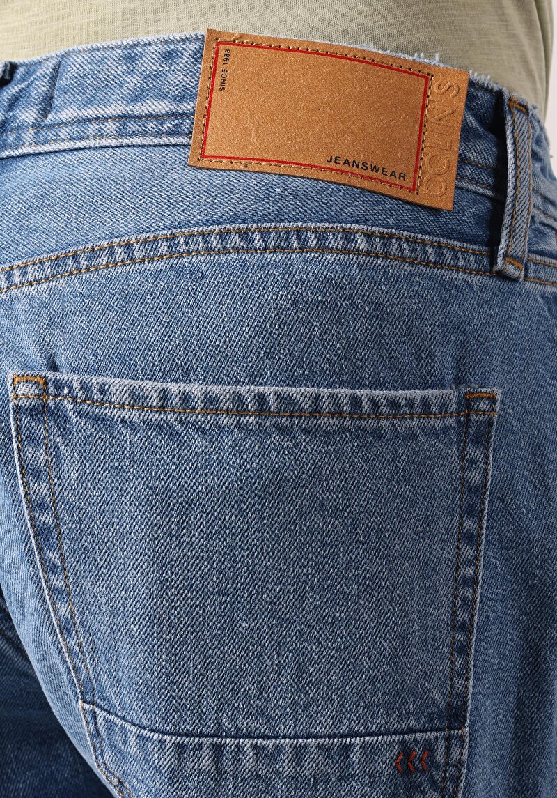 Regular Fit Orta Bel Düz Erkek İndigo Denim Jean Şort