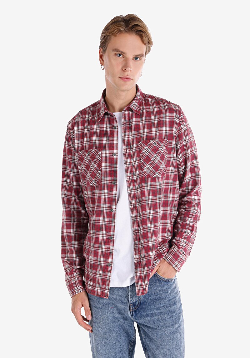 Slim Fit Shirt Neck Ekoseli Erkek Bordo Uzun Kol Gömlek