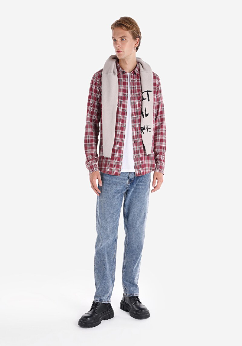 Slim Fit Shirt Neck Ekoseli Erkek Bordo Uzun Kol Gömlek