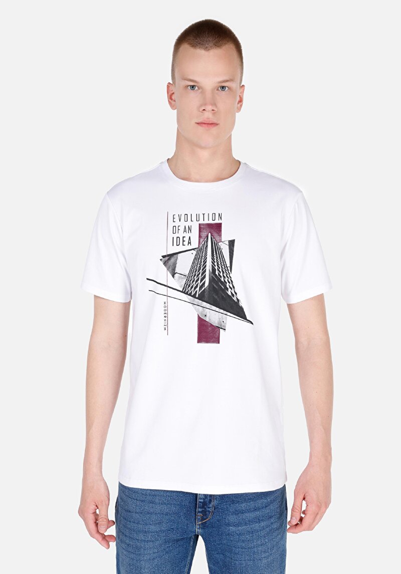 Regular Fit Yuvarlak Yaka Erkek Beyaz Kısa Kol Tişört