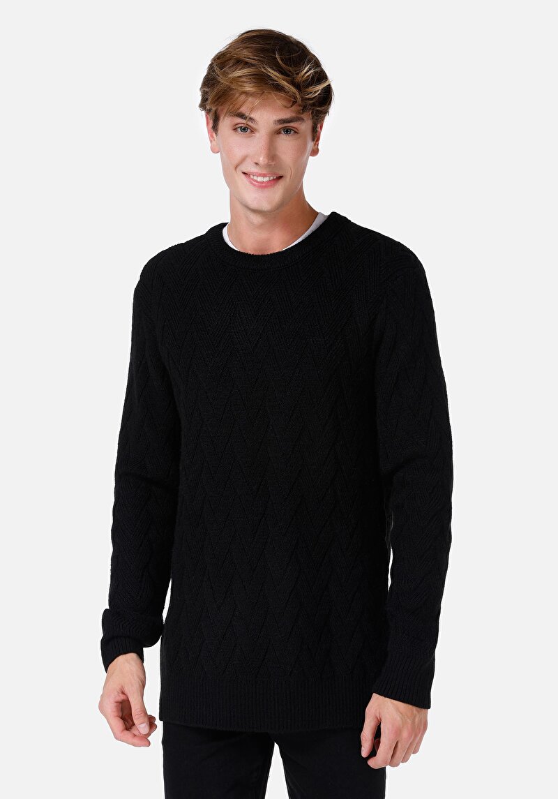 Regular Fit Yuvarlak Yaka Jakarlı Erkek Siyah Kazak