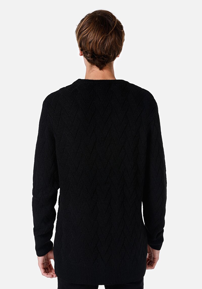 Regular Fit Yuvarlak Yaka Jakarlı Erkek Siyah Kazak