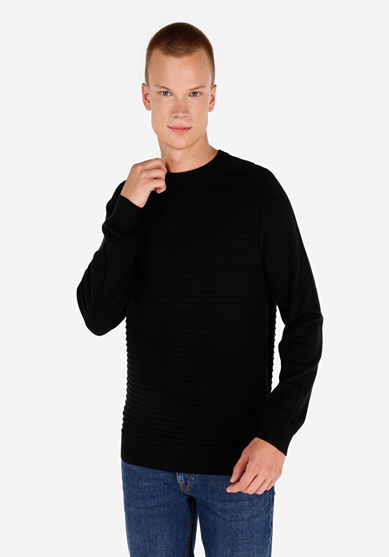 Regular Fit Yuvarlak Yaka Jakarlı Erkek Siyah Kazak