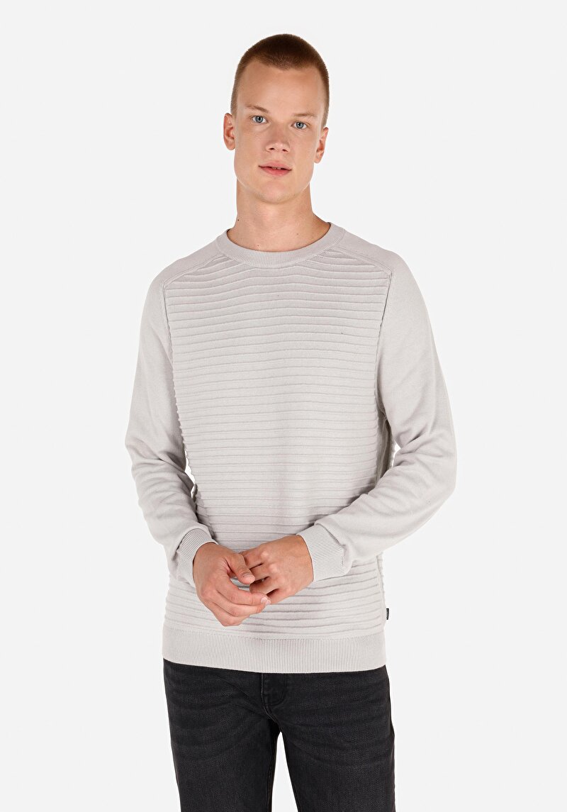 Regular Fit Yuvarlak Yaka Jakarlı Erkek Gri Kazak