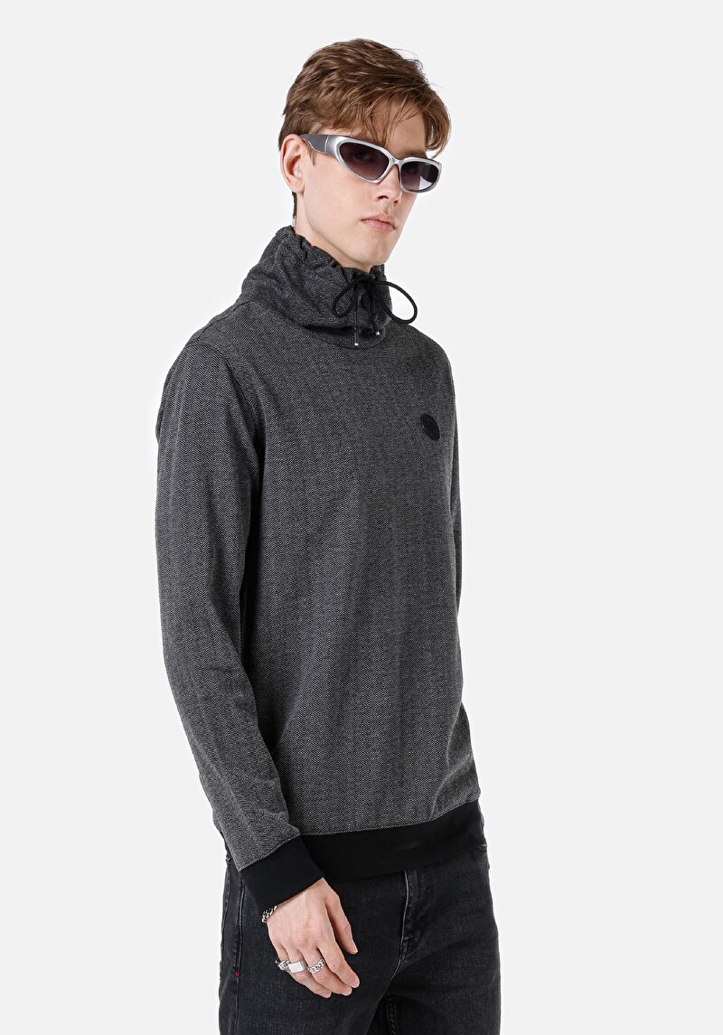 Regular Fit Turtle Neck Düz Erkek Siyah Uzun Kol Tişört