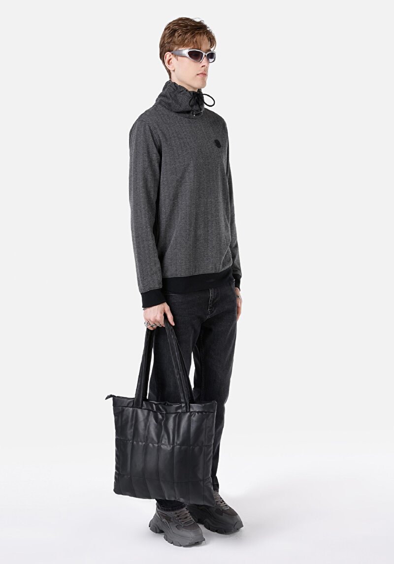 Regular Fit Turtle Neck Düz Erkek Siyah Uzun Kol Tişört