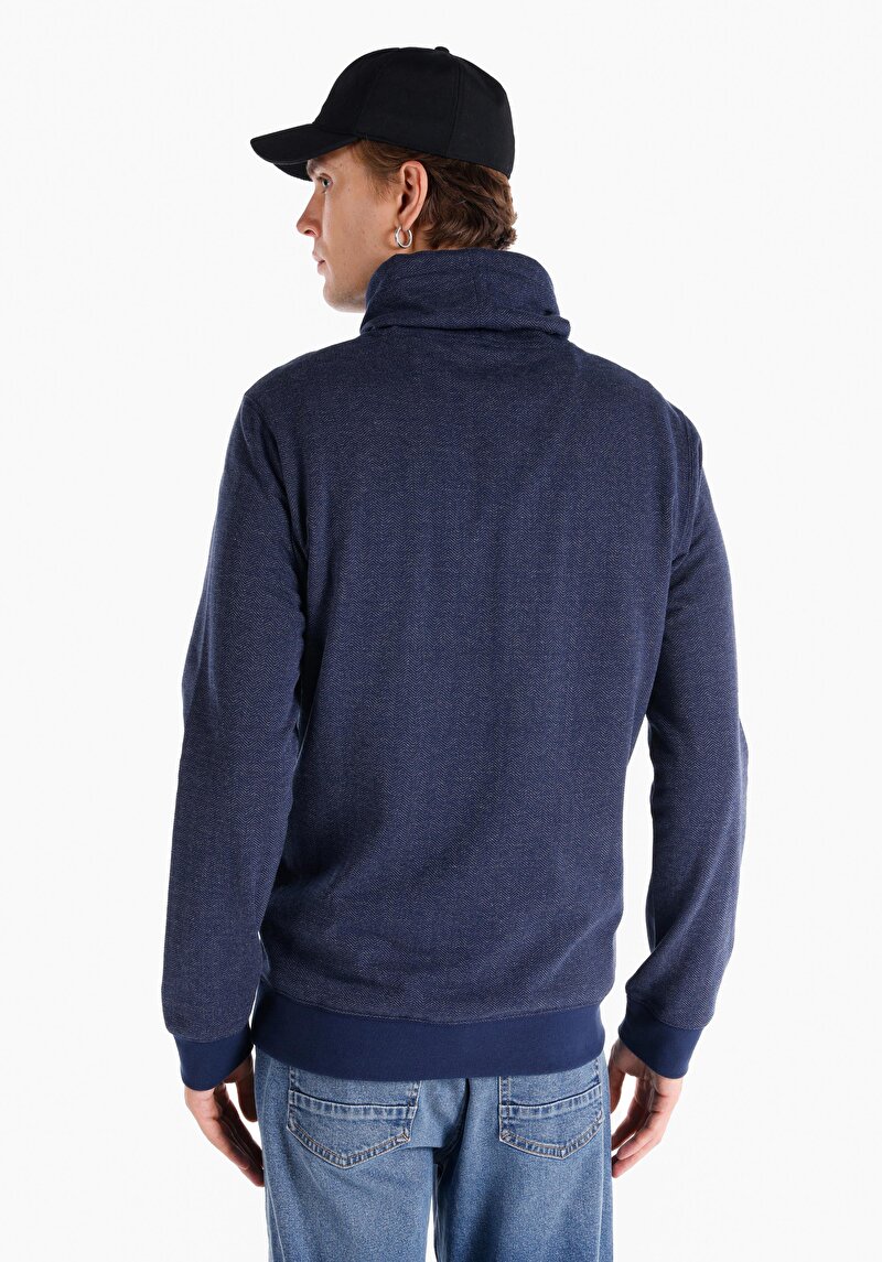 Regular Fit Turtle Neck Düz Erkek Mavi Uzun Kol Tişört