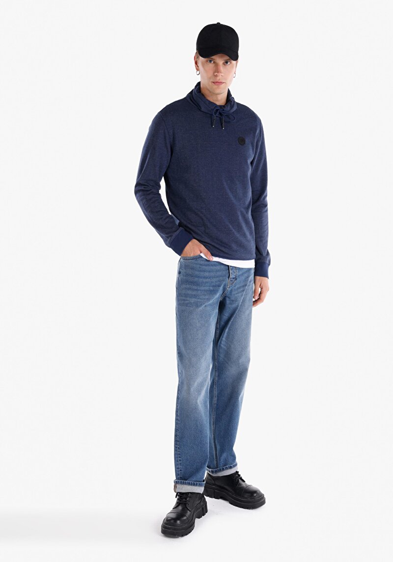 Regular Fit Turtle Neck Düz Erkek Mavi Uzun Kol Tişört