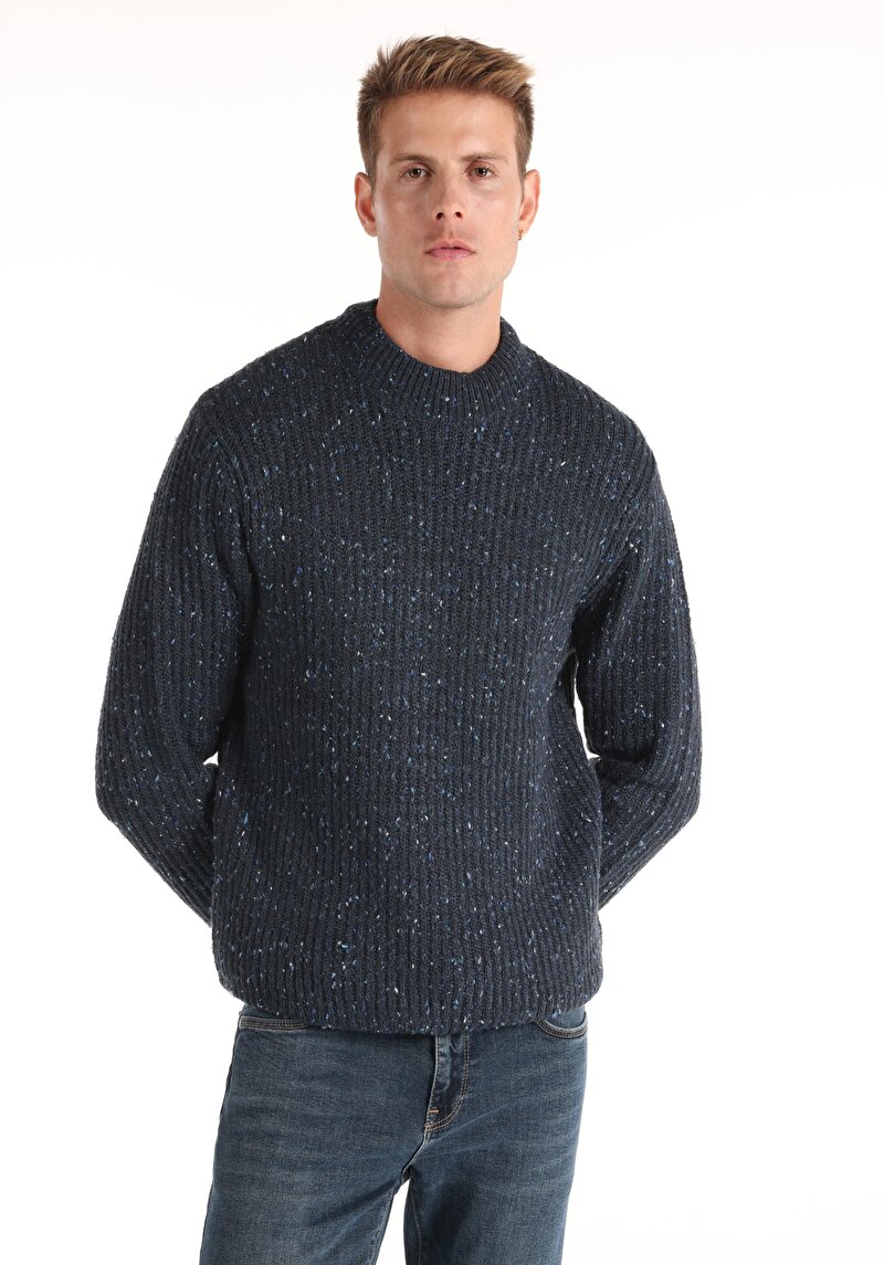 Regular Fit Turtle Neck Jakarlı Erkek Lacivert Triko Kazak