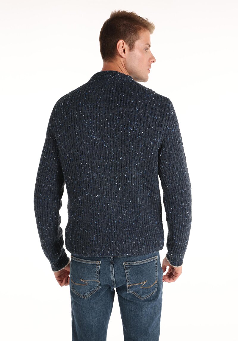 Regular Fit Turtle Neck Jakarlı Erkek Lacivert Triko Kazak