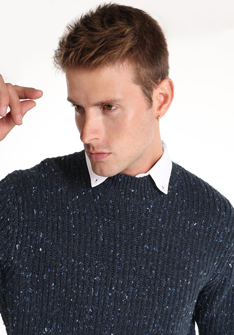 Regular Fit Turtle Neck Jakarlı Erkek Lacivert Triko Kazak