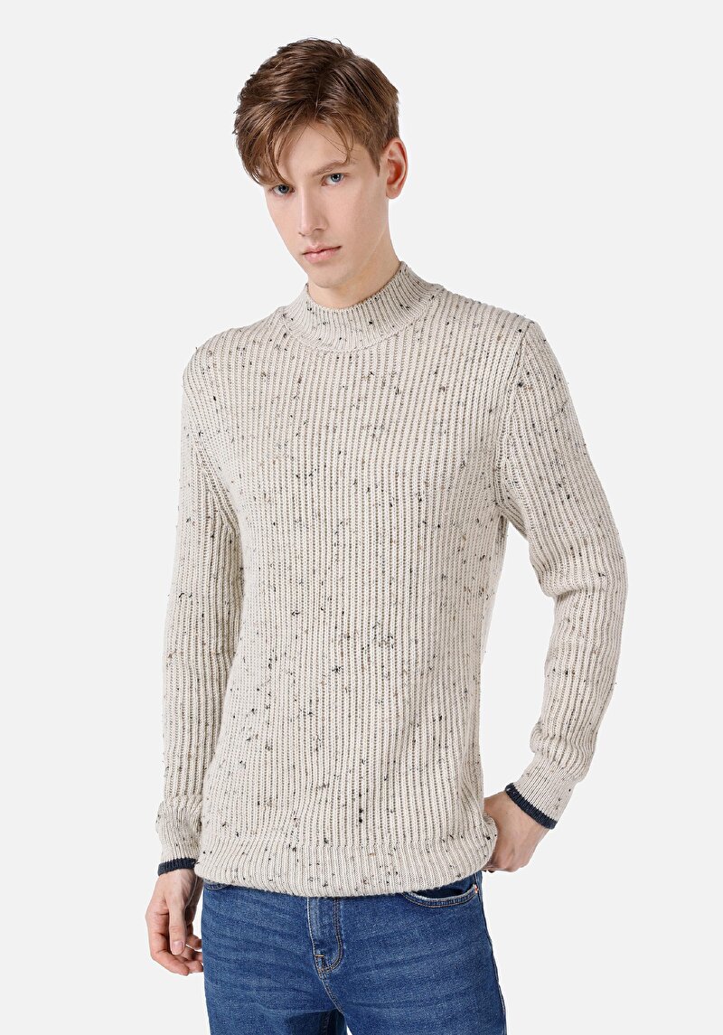 Regular Fit Turtle Neck Jakarlı Erkek Taş Kazak