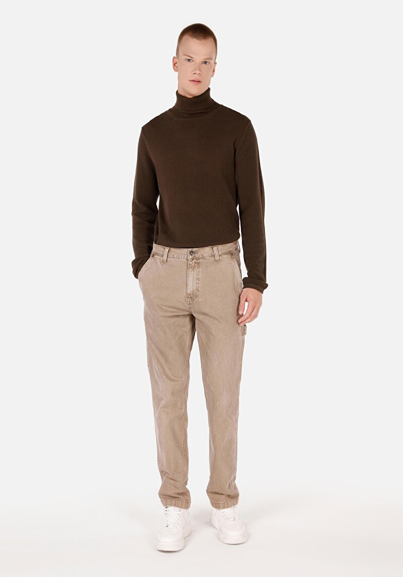 Regular Fit Turtle Neck Jakarlı Erkek Kahverengi Kazak