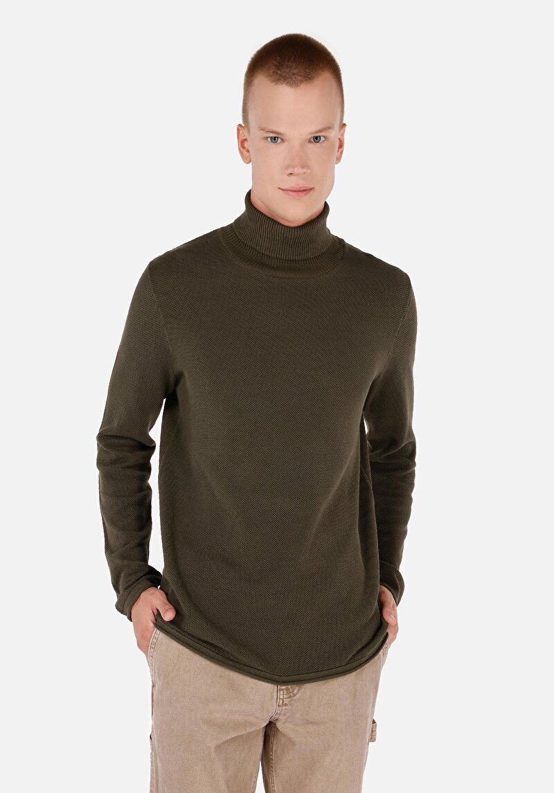 Regular Fit Turtle Neck Jakarlı Erkek Yeşil Kazak