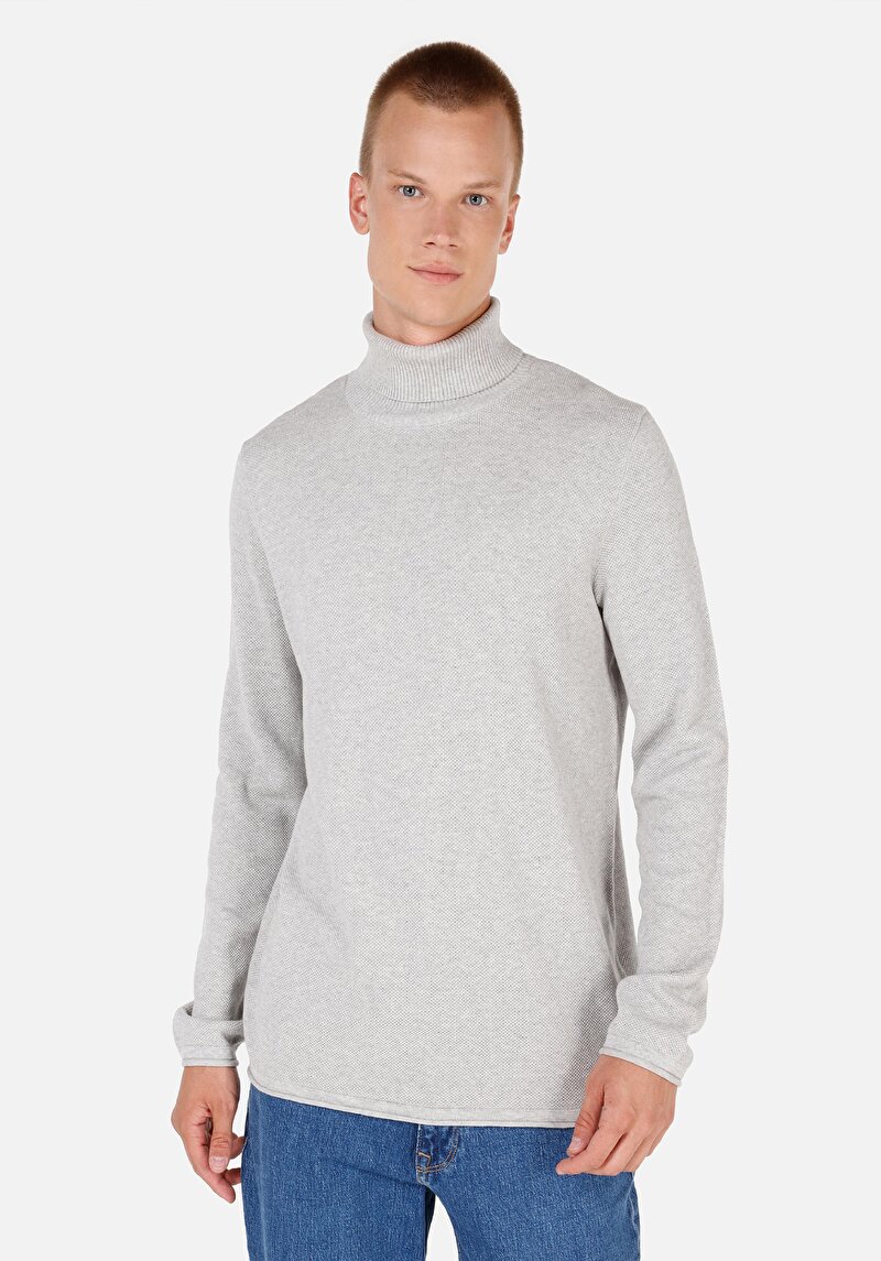 Regular Fit Turtle Neck Jakarlı Erkek Gri Kazak