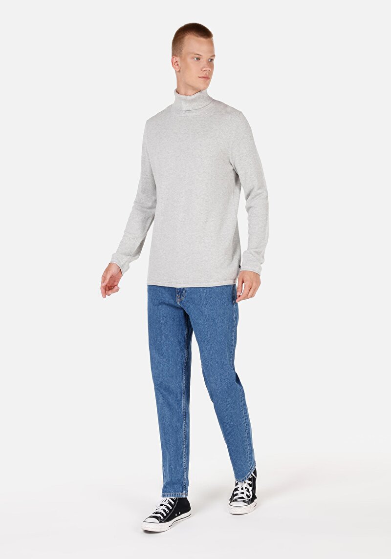 Regular Fit Turtle Neck Jakarlı Erkek Gri Kazak