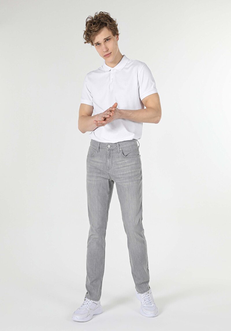Straight Fit Düşük Bel Düz Paça Erkek Gri Jean Pantolon