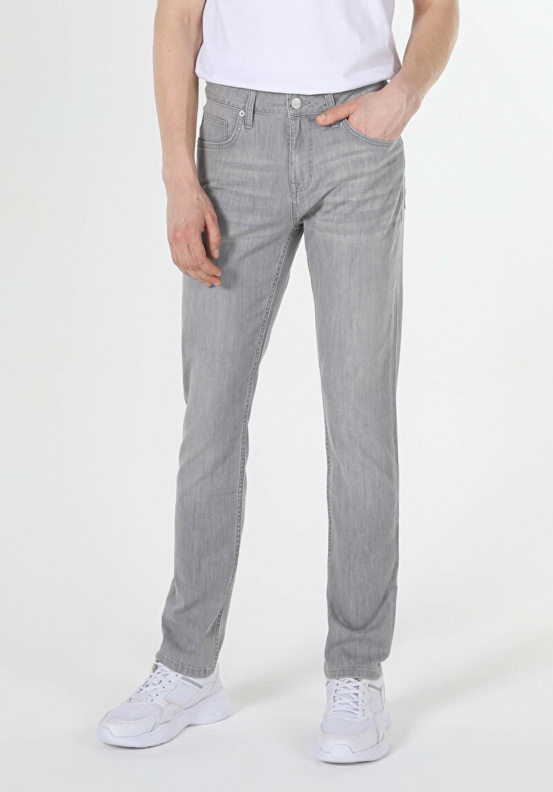Straight Fit Düşük Bel Düz Paça Erkek Gri Jean Pantolon