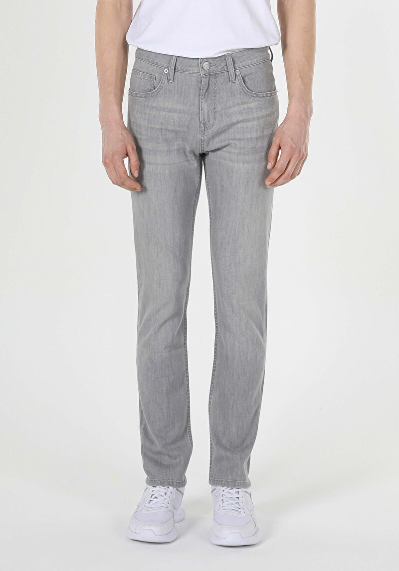 Straight Fit Düşük Bel Düz Paça Erkek Gri Jean Pantolon