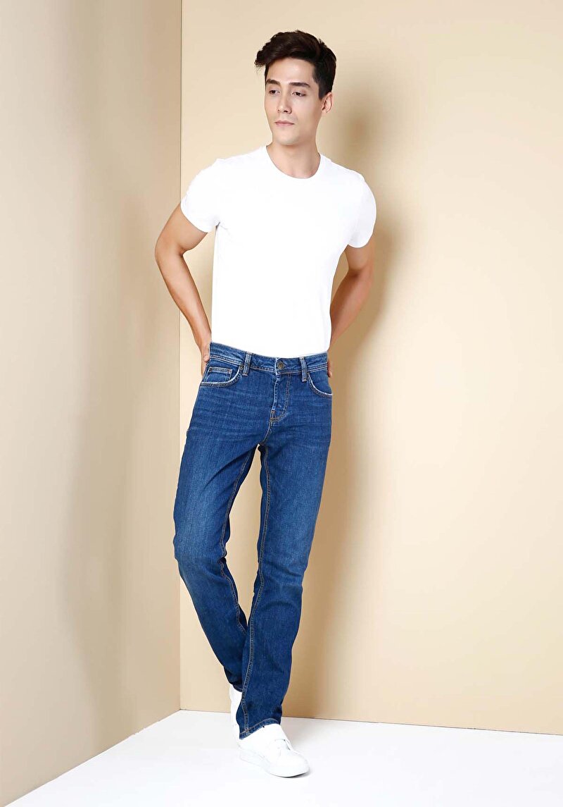 Straight Fit Düşük Bel Düz Paça Erkek İndigo Jean Pantolon