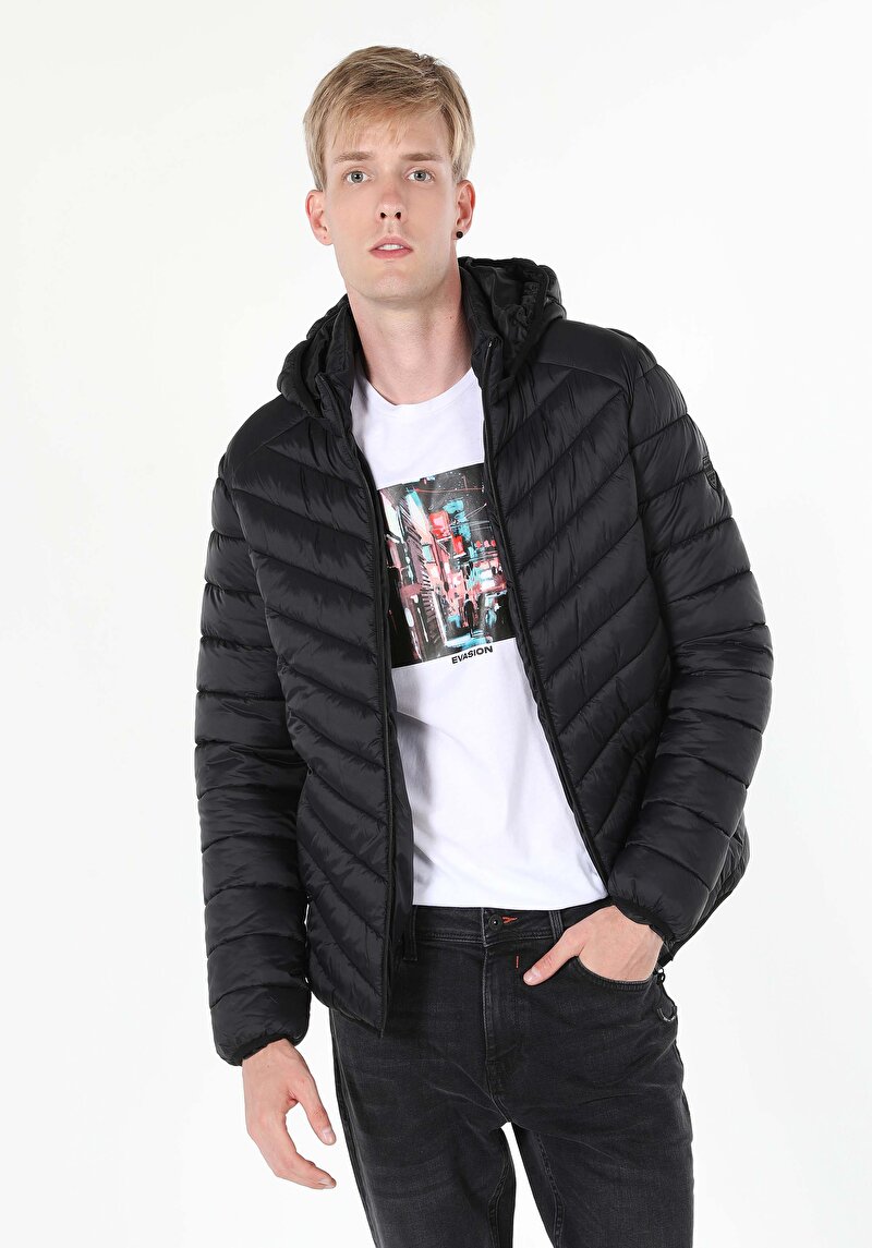 Slim Fit Fermuarlı Erkek Siyah Mont