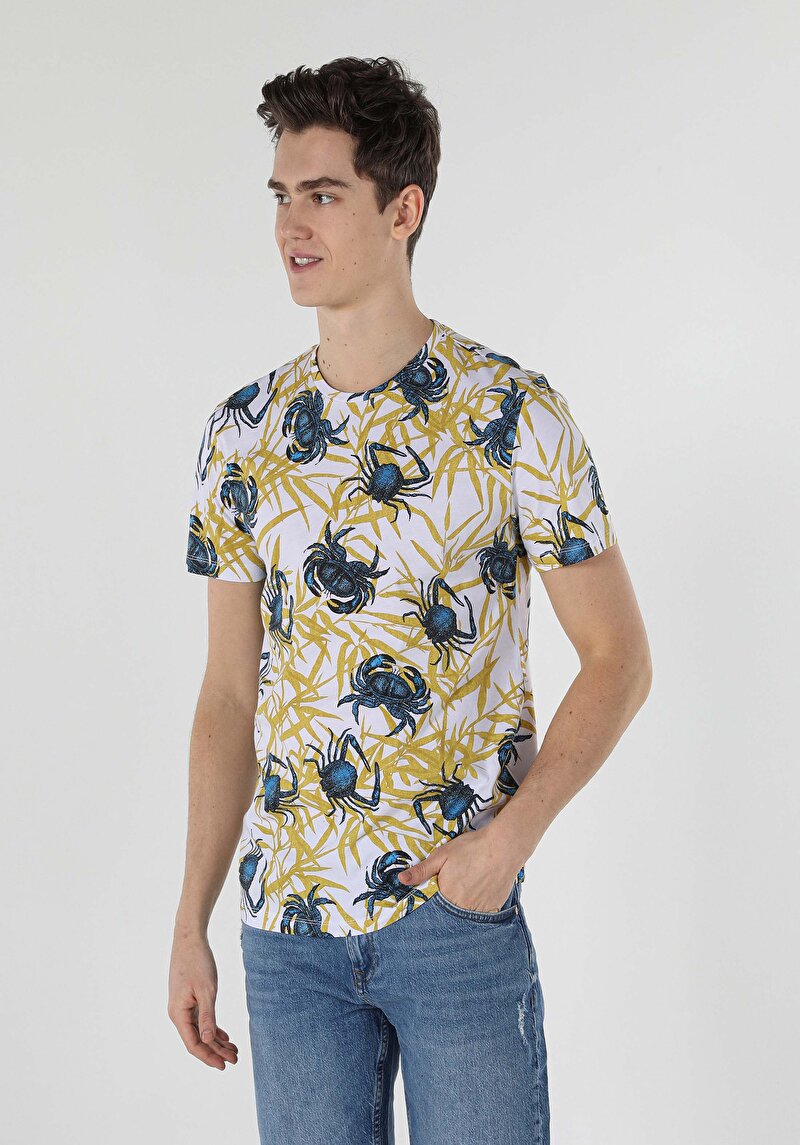 Regular Fit Yuvarlak Yaka Akrep Baskılı Erkek Beyaz Kısa Kol Tişört