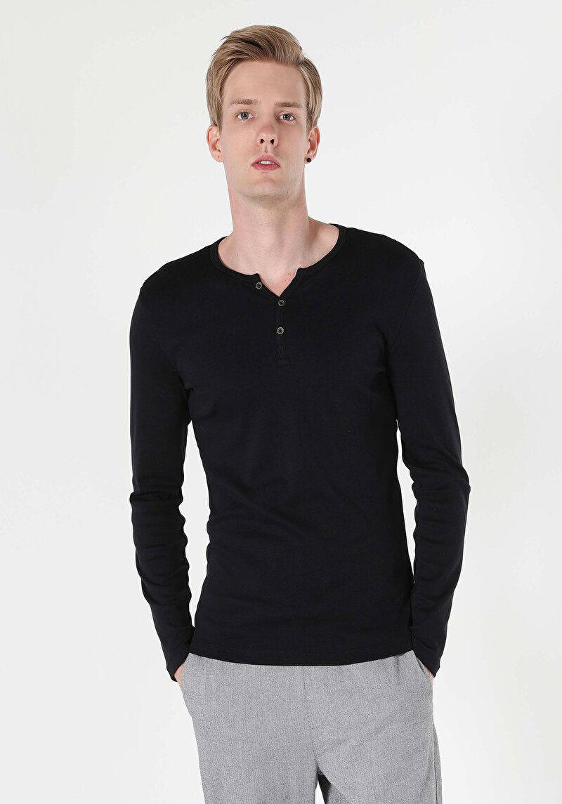 Slim Fit Placket Neck Düz Erkek Siyah Uzun Kol Tişört